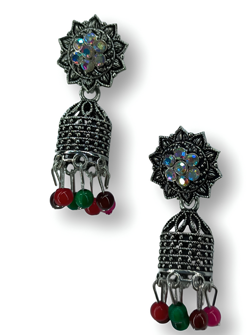 Traditional Oxidized Jhumka Earrings with Multicolor Beads – Antique Boho Charm (4cm)