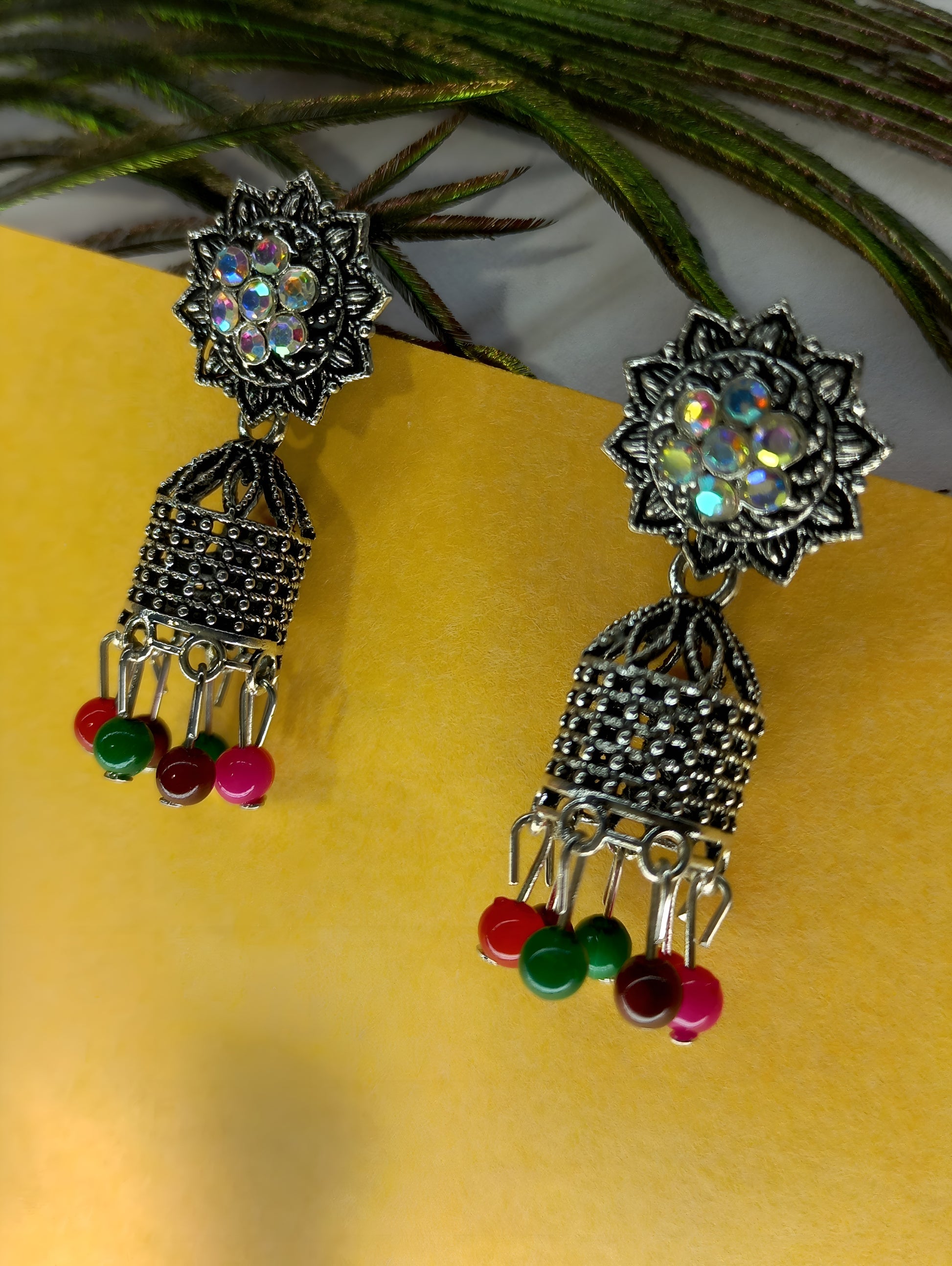 Traditional Oxidized Jhumka Earrings with Multicolor Beads – Antique Boho Charm (4cm)
