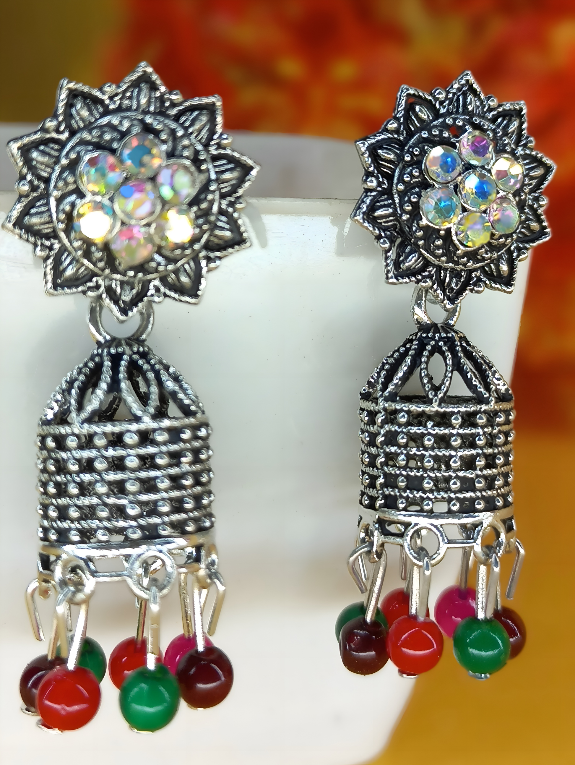 Traditional Oxidized Jhumka Earrings with Multicolor Beads – Antique Boho Charm (4cm)