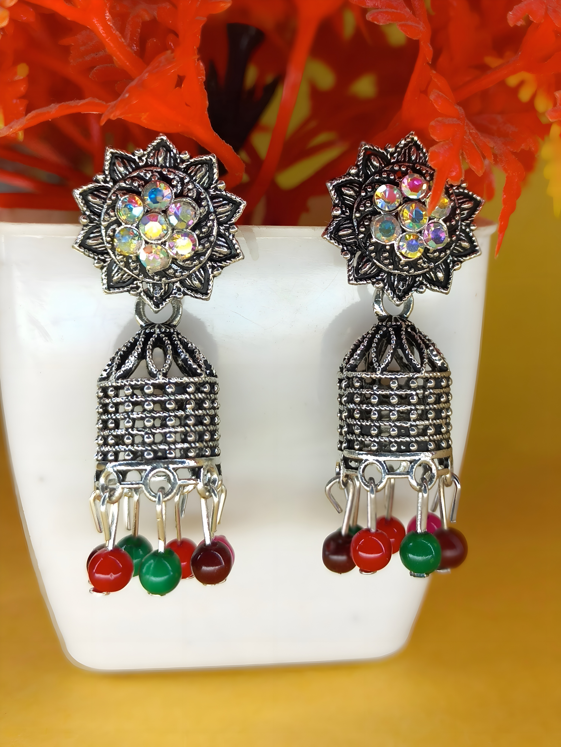 Traditional Oxidized Jhumka Earrings with Multicolor Beads – Antique Boho Charm (4cm)