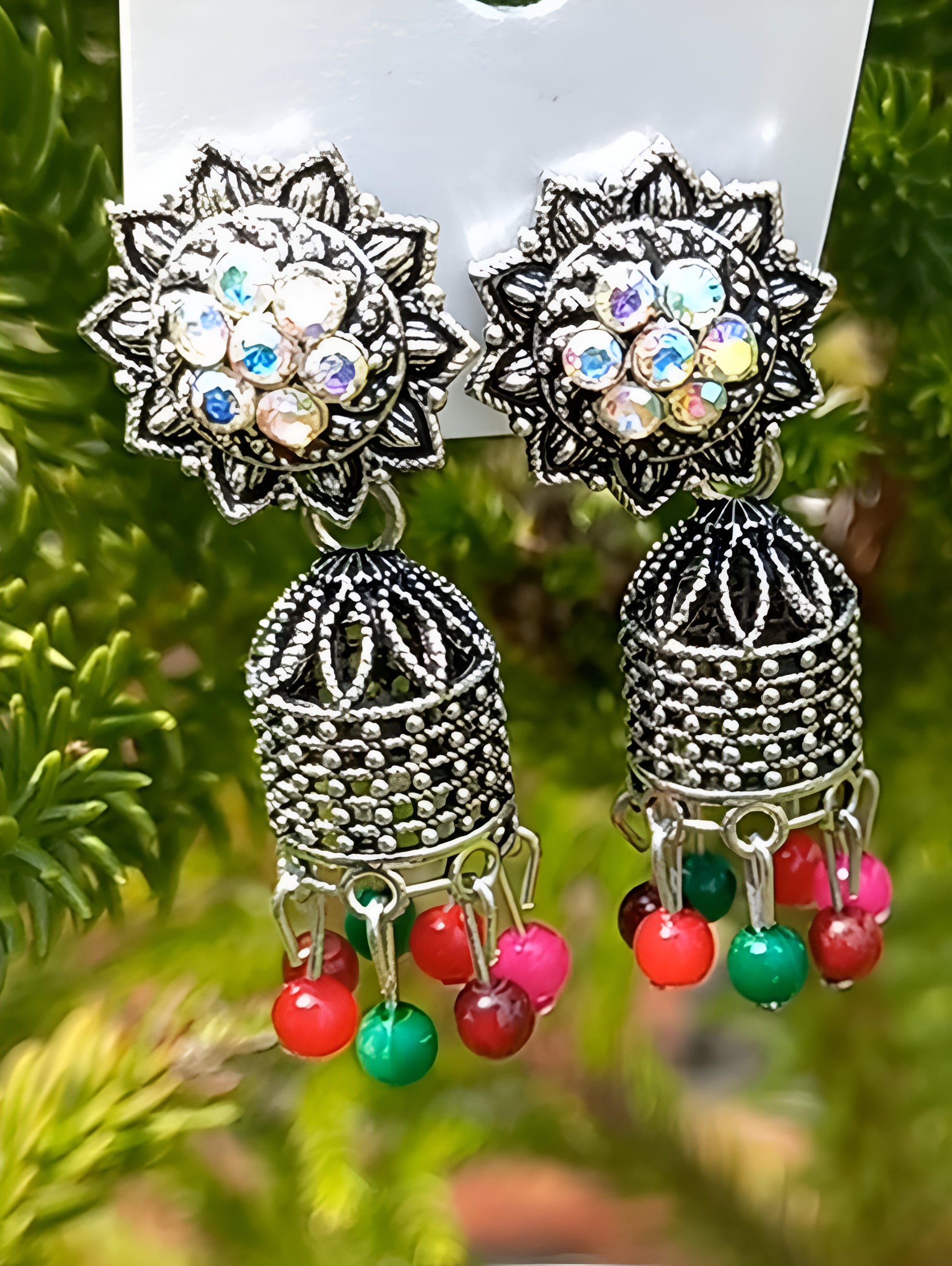 Traditional Oxidized Jhumka Earrings with Multicolor Beads – Antique Boho Charm (4cm)