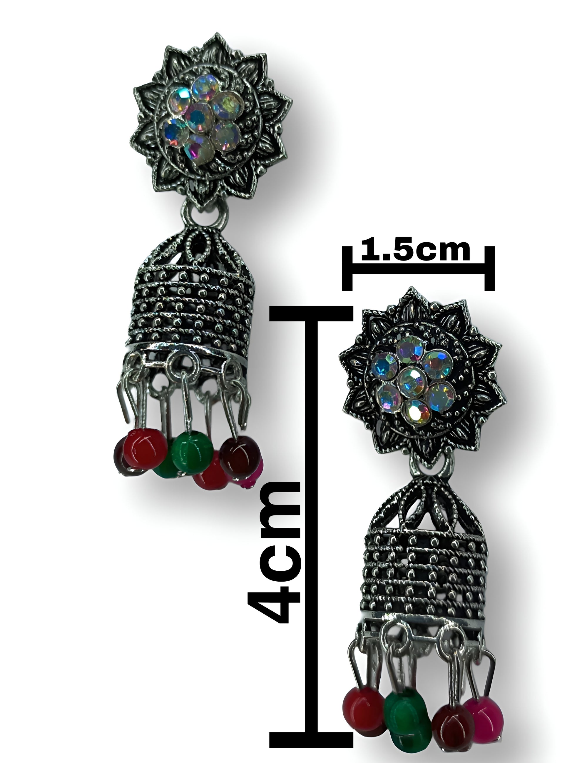 Traditional Oxidized Jhumka Earrings with Multicolor Beads – Antique Boho Charm (4cm)