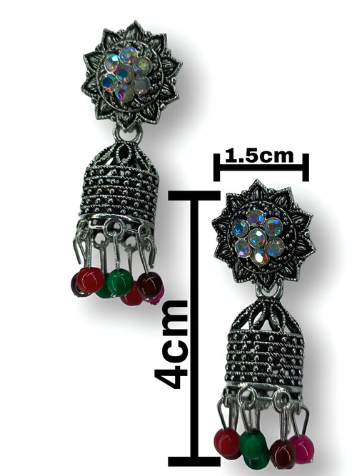 Traditional Oxidized Jhumka Earrings with Multicolor Beads – Antique Boho Charm (4cm)