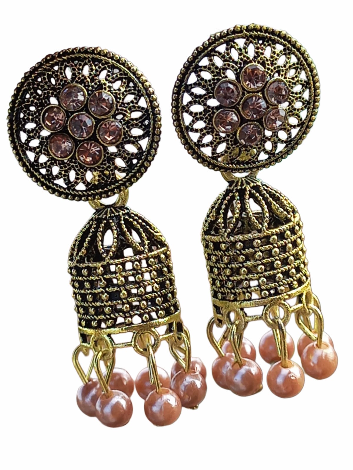 Antique Gold Plated Jhumka Earrings with Beads for Women & Girls