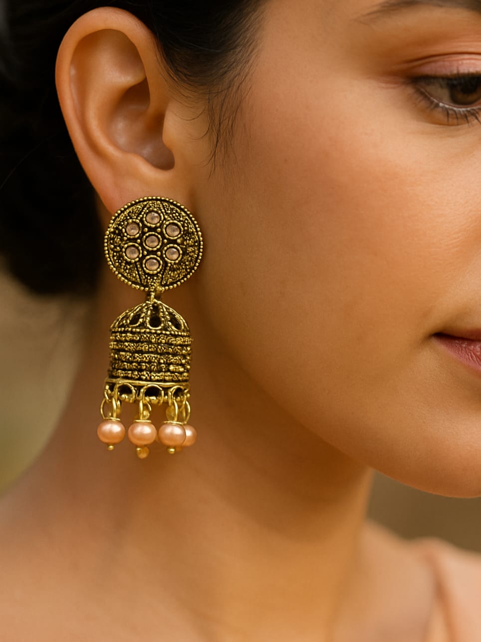 Antique Gold Plated Jhumka Earrings with Beads for Women & Girls