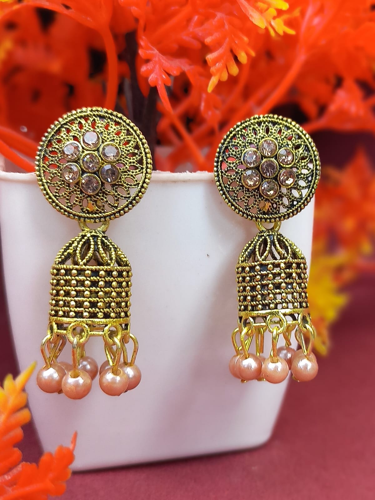 Antique Gold Plated Jhumka Earrings with Beads for Women & Girls